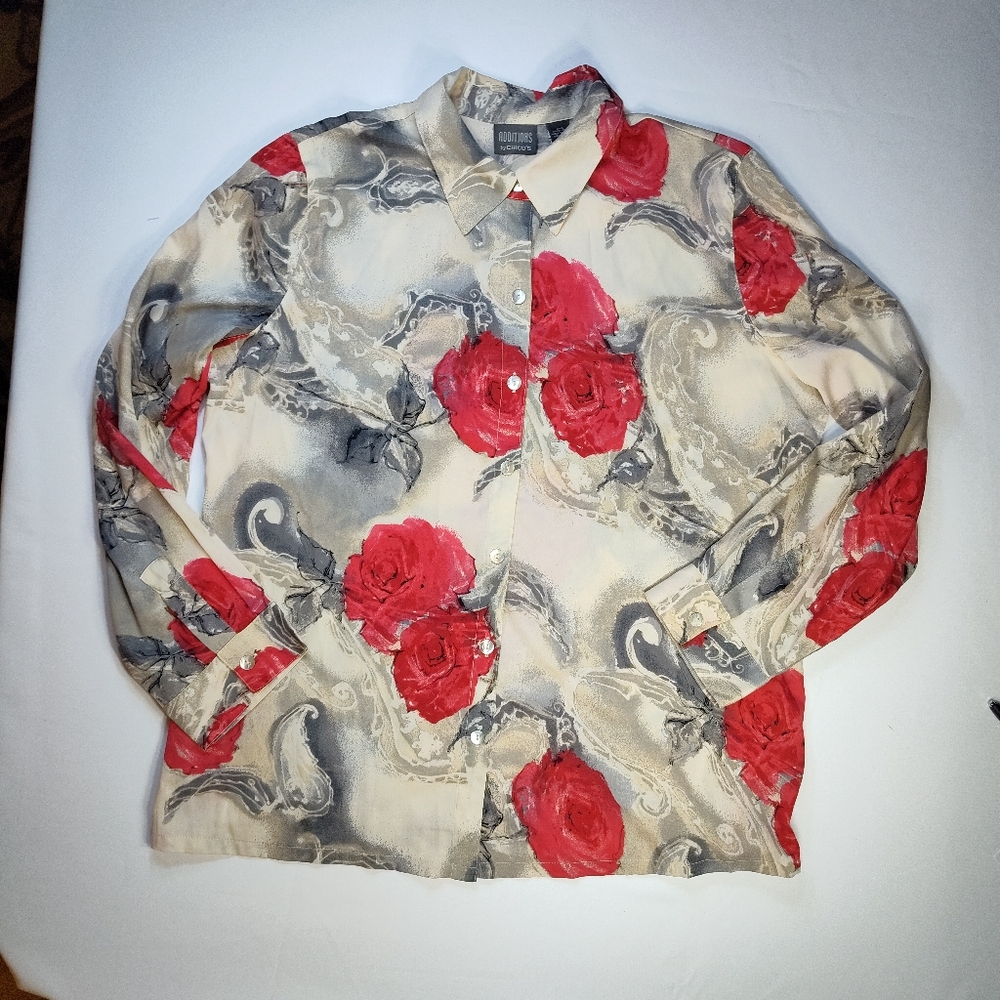 VTG Chico's Women's Roses Floral Long Sleeve Shirt Chico's Size 2 Or Large 12-14